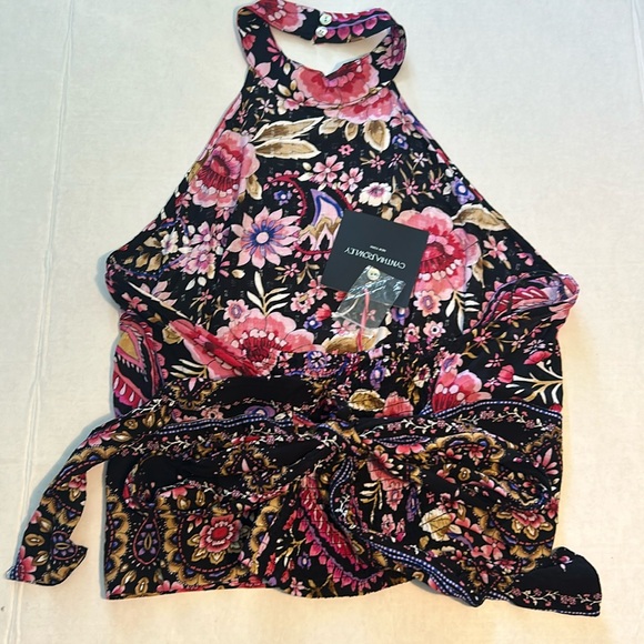 Cynthia Rowley Medium Top Floral Black Halter Smocked Back Wrap Belted NWT - Picture 3 of 7